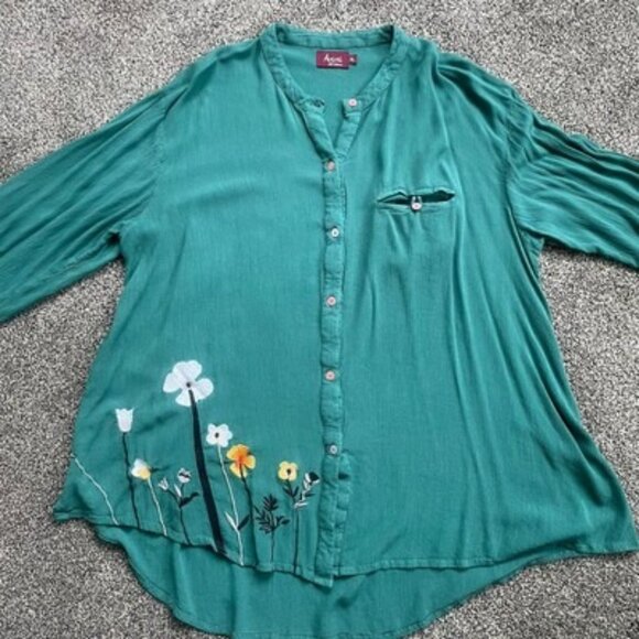 Avani Del Amour Women’s XL Embroidered Green Floral Button Up Blouse Artsy Top - Picture 1 of 11